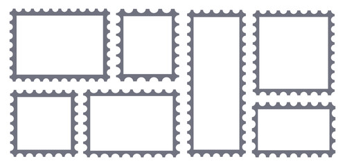 Set of blank rectangle and square Postage stamp frames. Mockup postage stamps. Blank postage stamp borders templates. Grey square and rectangular template for mail, postcard, letter.