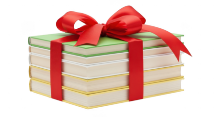 Stack of books tied with a red ribbon isolated on transparent background