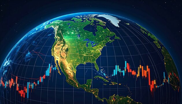 North America globe with stock charts