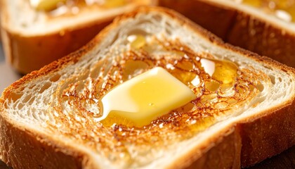 Delicious golden brown toast with melting butter and honey.