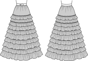 Fashion cad drawing of layered ruffle long skirt, technical flat sketch, tiered silhouette, waistband detail, vector illustration, garment template