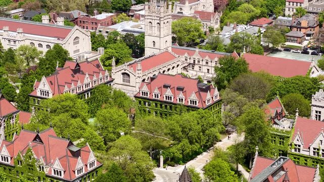 University of Chicago Campus, Drone Shot of Hall Buildings With Towers and Climbing Plants, Illinois USA