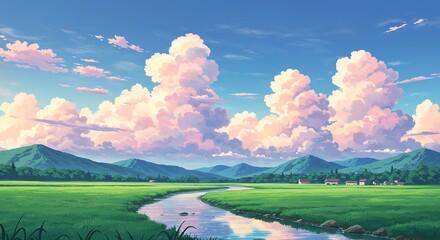 Fototapeta premium Serene Anime Landscape: River, Fields, and Dreamy Clouds