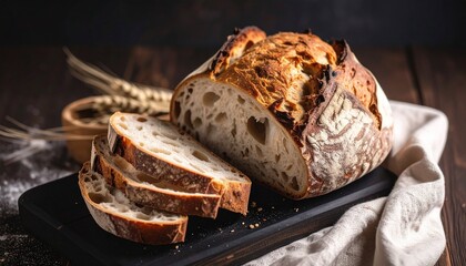 Freshly baked artisanal sourdough bread loaf sliced on a dark wooden cutting board.