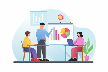 Business team in a meeting presenting data charts and graphs on a whiteboard with laptops