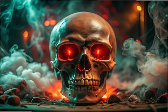 Terrifying skull with glowing red eyes amidst fire and smoke