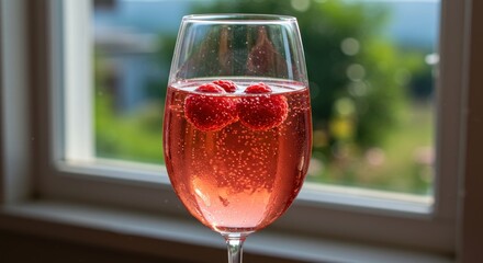 A glass of sparkling pink drink with raspberries floats in front of a window