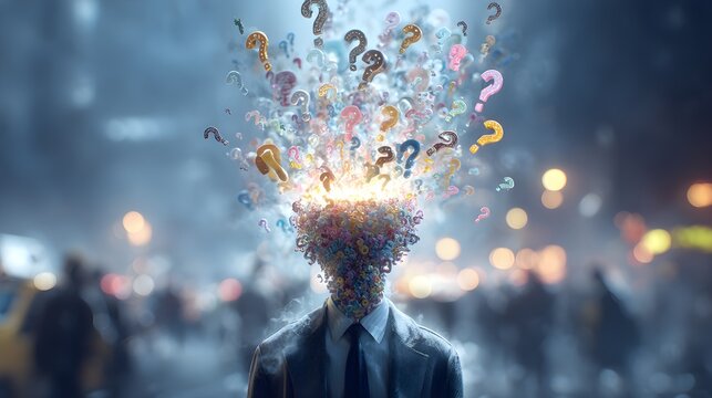 Deep in thought, they think. Above and around their heads, holographic question marks, transparent yet distinctly luminous, float and subtly swirl, as if deep thoughts or unresolved issues were materi