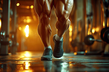 A muscular individual is captured mid-stride in a gym, showcasing strong legs against a warm, glowing background.