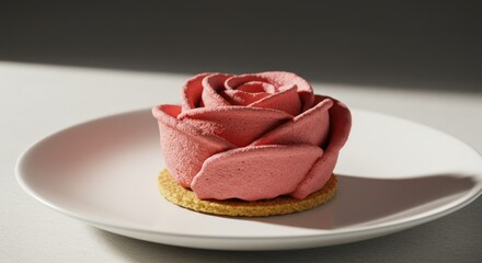 A pink roseshaped dessert sits on a white plate against a neutral background with sharp light and shadows