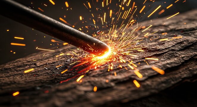 A metal rod sparking on a rough dark surface generating bright orange sparks around the point of contact - Powered by Adobe