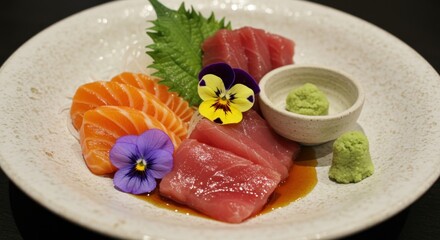 A plate of sashimi with salmon tuna wasabi a leaf and two violas