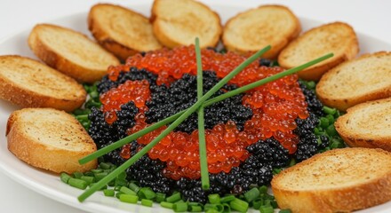 A plate of caviar both red and black surrounded by toasted bread slices and garnished with chopped chives and whole chives