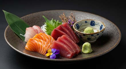 A plate of sashimi with tuna salmon and a bowl of wasabi on a dark background
