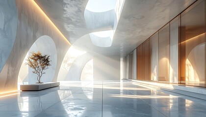 Modern, light-filled interior hallway