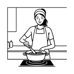 Black and White Vector Illustration of a Smiling Woman Cooking in Kitchen with Apron and Headband