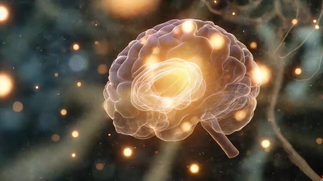 A brain with a glowing center. Conceptual illustration of gut brain axis glowing particles with brain-shaped overlay surrounding it, muted background glowing highlights