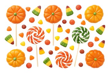 Assorted Halloween Candies and Pumpkins Scattered Keywords: halloween, candy, pumpkin, lollipop