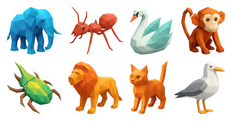 Obraz premium PNG Colorful low-poly animal figures, element set on transparent background