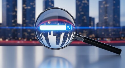 Magnifying glass over search bar reflecting city skyline