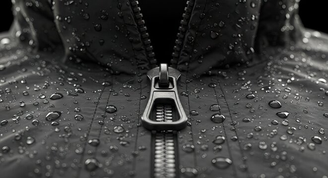 Closeup of a black rain jacket with water droplets on the fabric and a prominent zipper