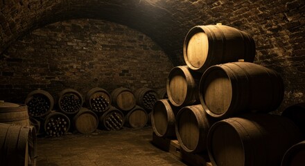 Dark cellar with brick walls  a rounded ceiling contains stacks of wooden barrels some filled with bottles