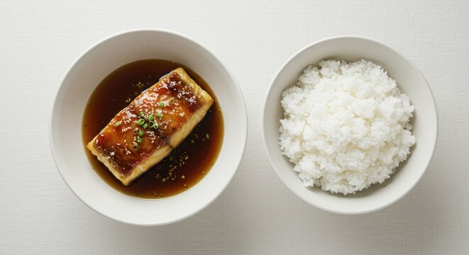 Glazed fish garnished with scallions and sesame seeds served with white rice in white bowls against a neutral background
