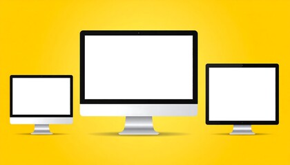 Three computer monitors on a yellow background