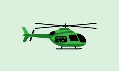 Green Vector Helicopter Icon with Rotor Blades and Tail Fin.