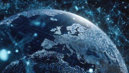 Digital earth visualization Europe overlaid with blue binary code and glowing network connections, highlighting data flow across continents