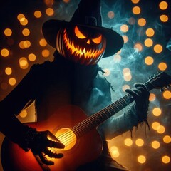 Shadowy pumpkin-headed guitarist strumming acoustic on warm bokeh backdrop. Perfect for Halloween apparel, souvenirs, embodying haunted folk tune