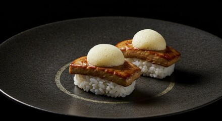Two nigiri with seared foie gras  airy foam on a dark textured plate against a black background