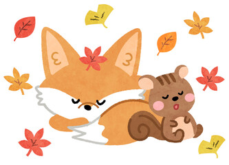 秋の紅葉のなかで眠るかわいいキツネとリスの動物アイコンイラスト