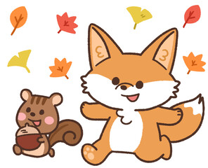 秋の紅葉のなかを歩くかわいいキツネとリスの動物アイコンイラスト