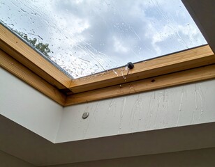 Rainwater on Skylight with Dramatic Cloudy Sky Background