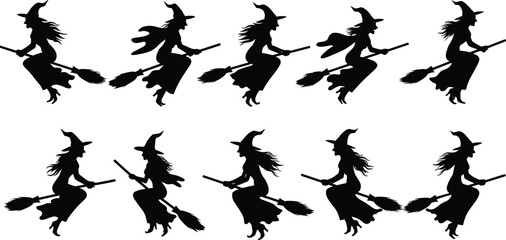 Witch silhouettes, flying broomsticks, Halloween theme, spooky illustration, magical folklore, dark fantasy, pointed hats, eerie night, mystical flight, vector art