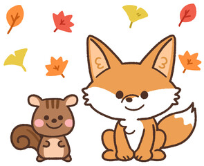 秋の紅葉のなかにいるかわいいキツネとリスの動物アイコンイラスト
