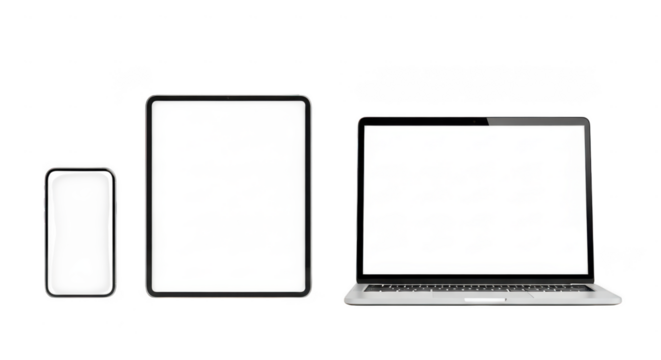 Modern electronic devices including smartphone laptop and tablet isolated on transparent background