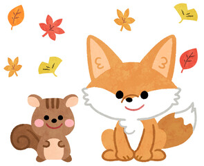 秋の紅葉のなかにいるかわいいキツネとリスの動物アイコンイラスト