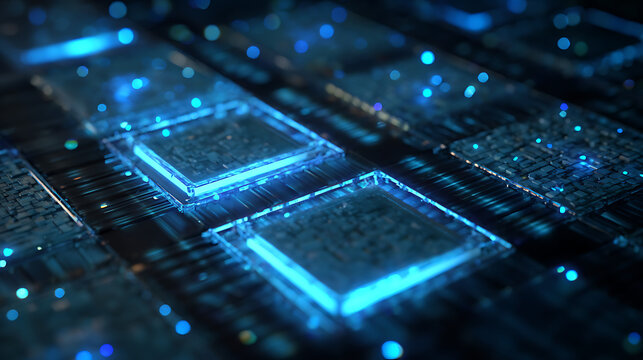 Animated glowing blue grids pulse rhythmically over a stylized chip surface
