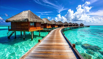 Fototapeta premium A picturesque wooden walkway leads to a series of overwater bungalows, nestled in a vibrant turquoise lagoon under a vibrant blue sky.