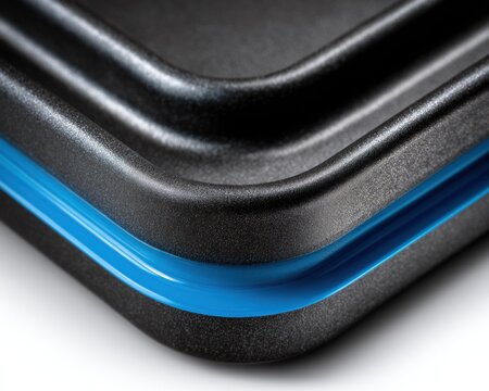Close-up on layered black plastic with a blue stripe accent. The image highlights texture and depth. Soft focus on white - Powered by Adobe