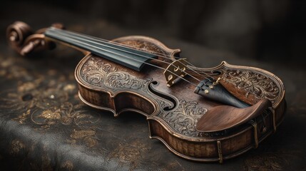 Obraz premium Detailed violin with rich floral ornamentation on a textured dark background