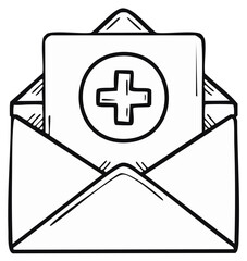 Fototapeta premium Envelope with Medical Plus Symbol Doodle Style Black and White Medicine Notification