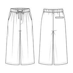 Technical drawing of culottes isolated on transparent background showing front and back views with drawstring waist and pockets