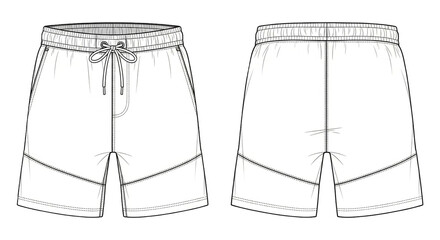 Technical drawing of shorts isolated on transparent background showing front and back views with drawstring waist and panel detail