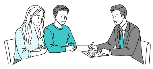 男性のファイナンシャルプランナーに相談する若い男女夫婦のおしゃれな線画アイコンベクターイラスト / 投資 / お金 / ラインアート