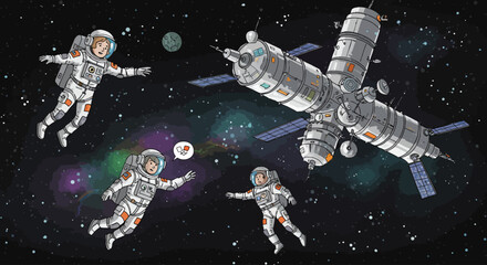 Naklejka premium Astronauts Floating in Space with Space Station Illustration