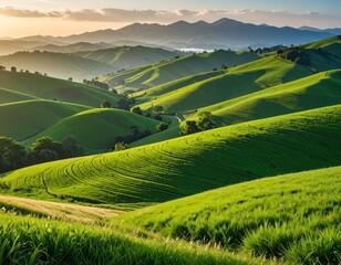 Serene Green Hills Under Golden Sunrise with Majestic Mountains