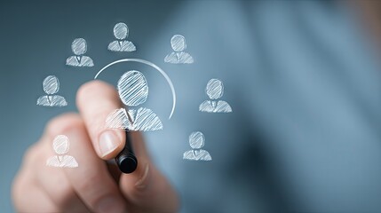 A hand draws a network of sketched people icons.